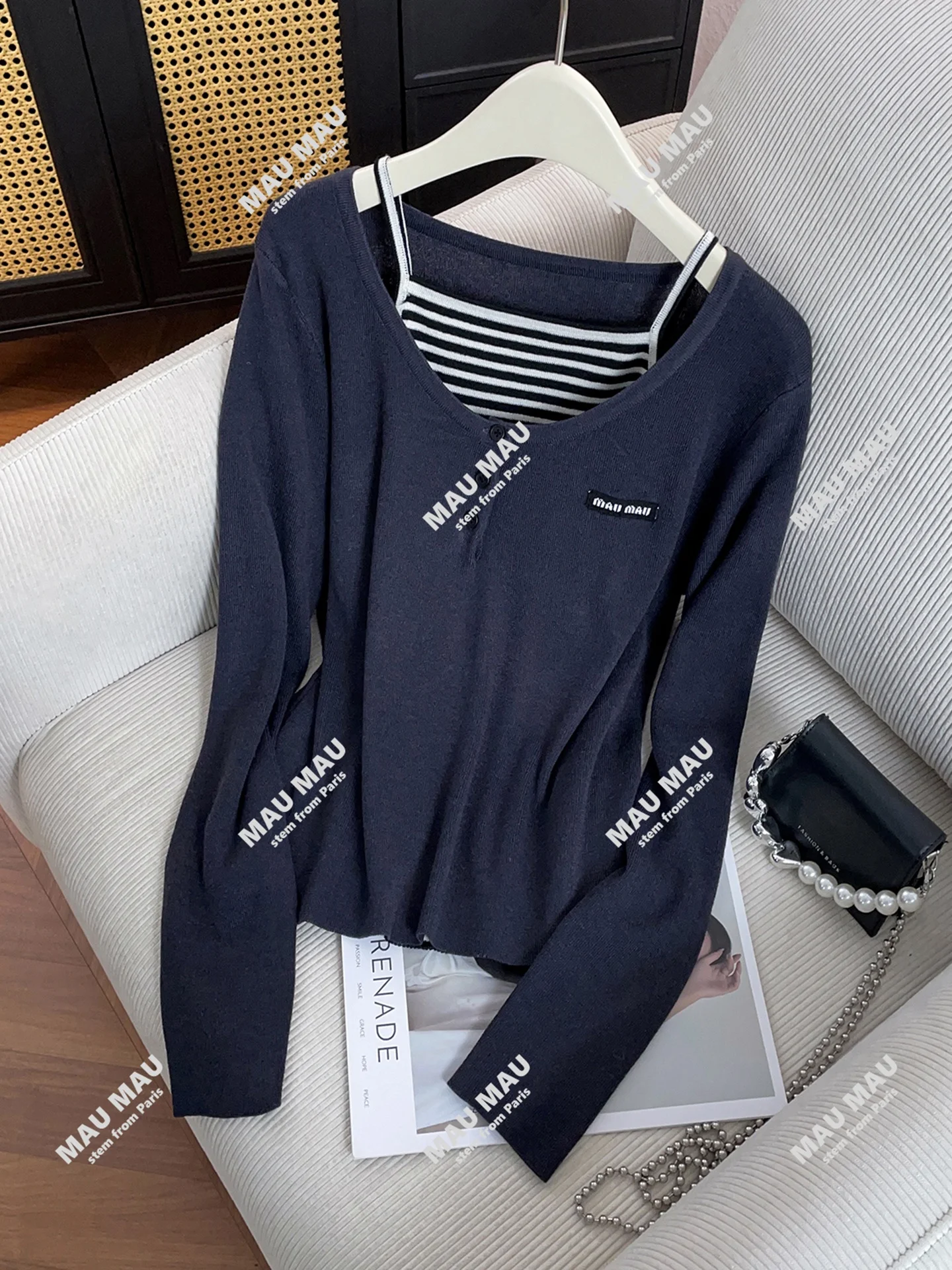 

High-End Women's Striped Knitted Crop Top Simplici Commute Sle Long Sve Casual Wear Fake Two-Piece Design Knitted irt