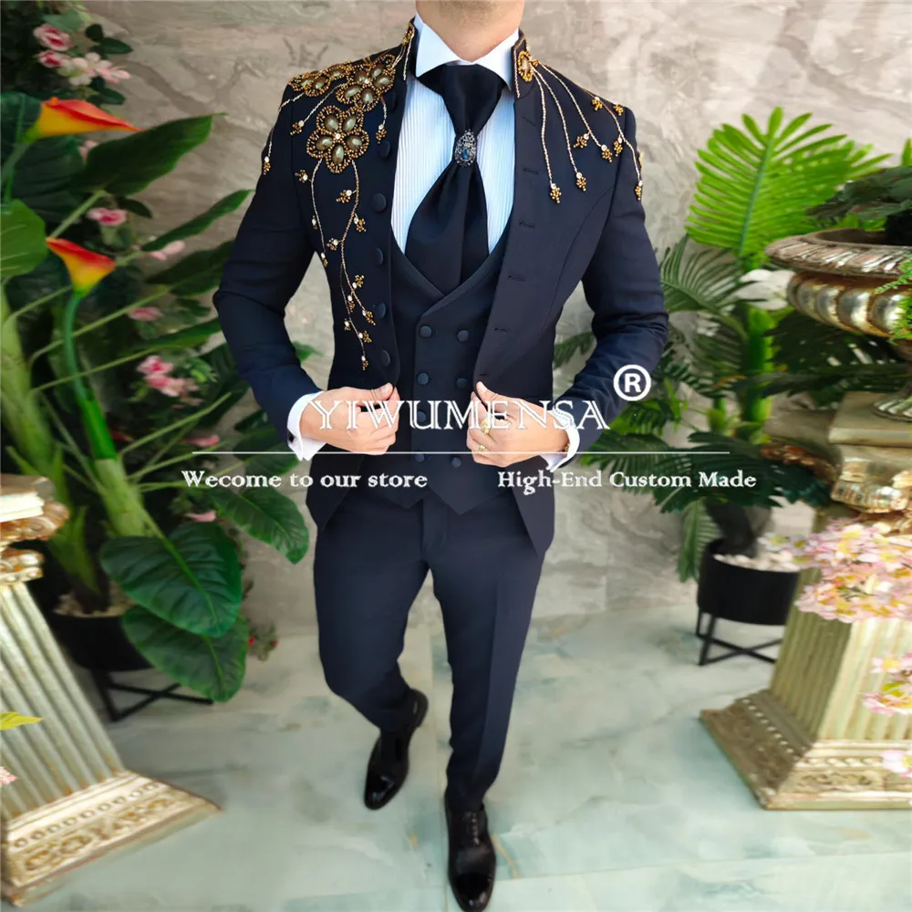 

Tailored Groom Wedding Suits Gold Gem Beaded Jacket Vest Pants 3 Pieces Formal Party Navy Groom Tuxedos Slim Fit Traje De Hombre