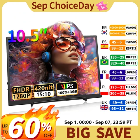 10.5 inch Portable Monitor 1280P 100% SRGB 420 Cd/m2 With Dual Speakers…
