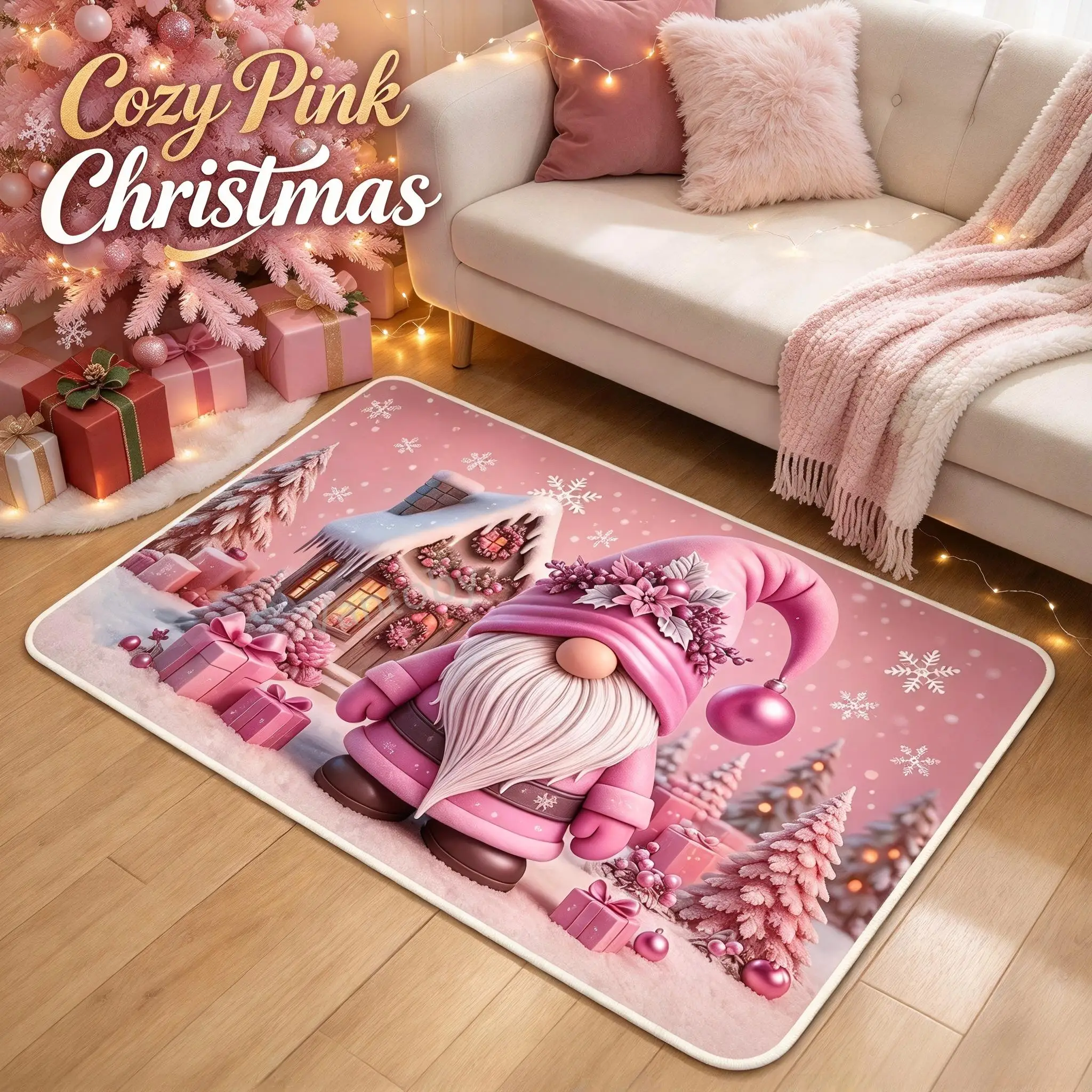 2027 Christmas Goblin Rectangular Anti Slip Floor Mat, Christmas Faceless Santa Door Mat, Pink Christmas Dwarf Carpet