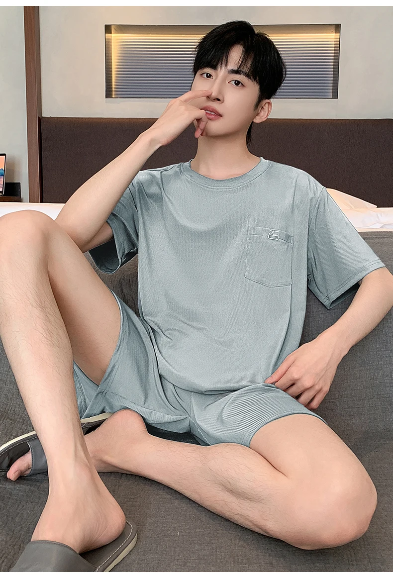 Sommerliches neues Herren-Pyjama-Set, kurzärmeliges Homewear-Set für Herren, einfarbig, lässiges Pyjama-Set für Teenager und Studenten. – Detail 10