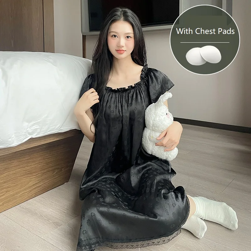 

Мягкие ночные рубашки Lady Ice Silk, кружевная одежда для сна, жаккардовая женская ночная рубашка в китайском стиле, ночное платье с короткими рукавами, домашняя одежда M-3XL