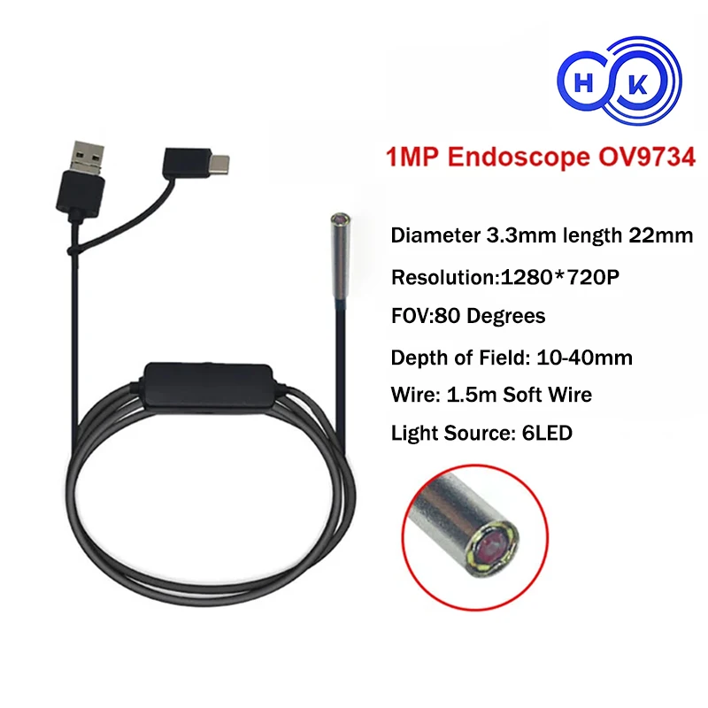 OV9734 1MP 30fps 80Degrees Diameter 3.3mm Ultra-thin Endoscope Micro Industrial Pipeline Inspection