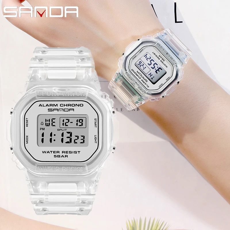 SANDA White Fashion Sport Watch Lover\'s Gift Transparent strap LED Digital Men Clock Ladies Electronic Watch Reloj Mujer 2009