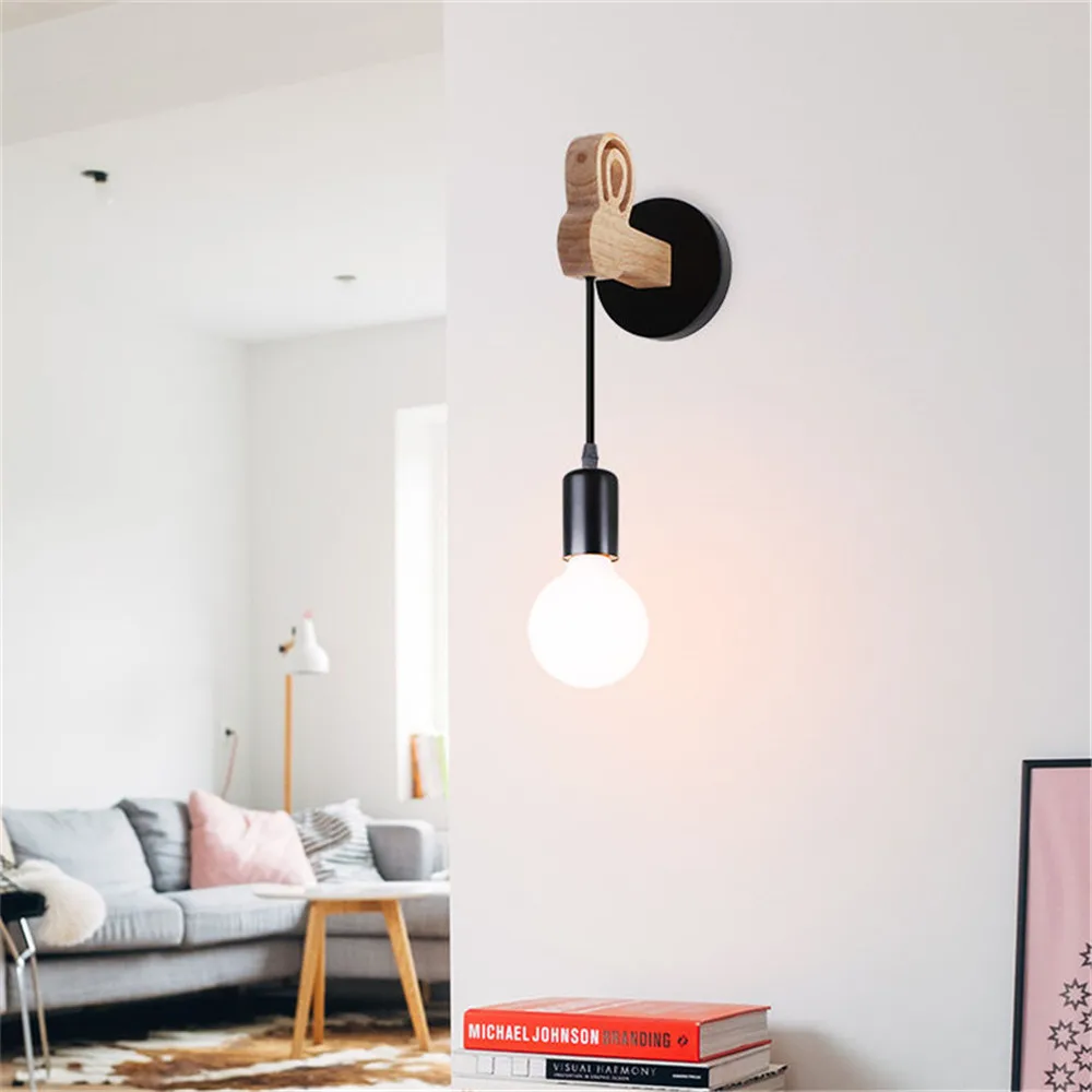 Modern Iron Wood Wall Lamp E27 Nordic Indoor Suspension Wall Light for Bedside Bedroom Living Room Restaurant Bar Lighting Sconc