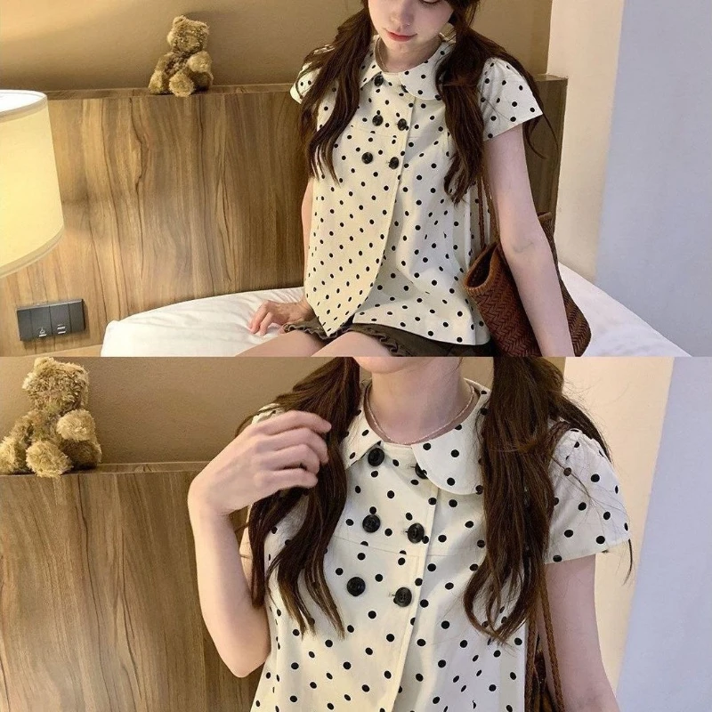 2000s Harajuku Vintage Kawaii Short Sleeve T Shirts Y2k Summer French Sweet Polka Dot Tees Women Japan Style Lolita Blouses Chic 5