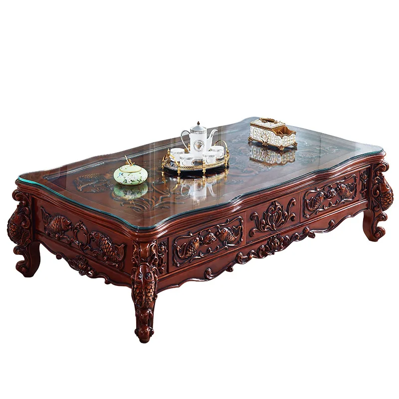 

European coffee table American style full solid wood oak carved luxury villa living room furniture set TV cabinet
