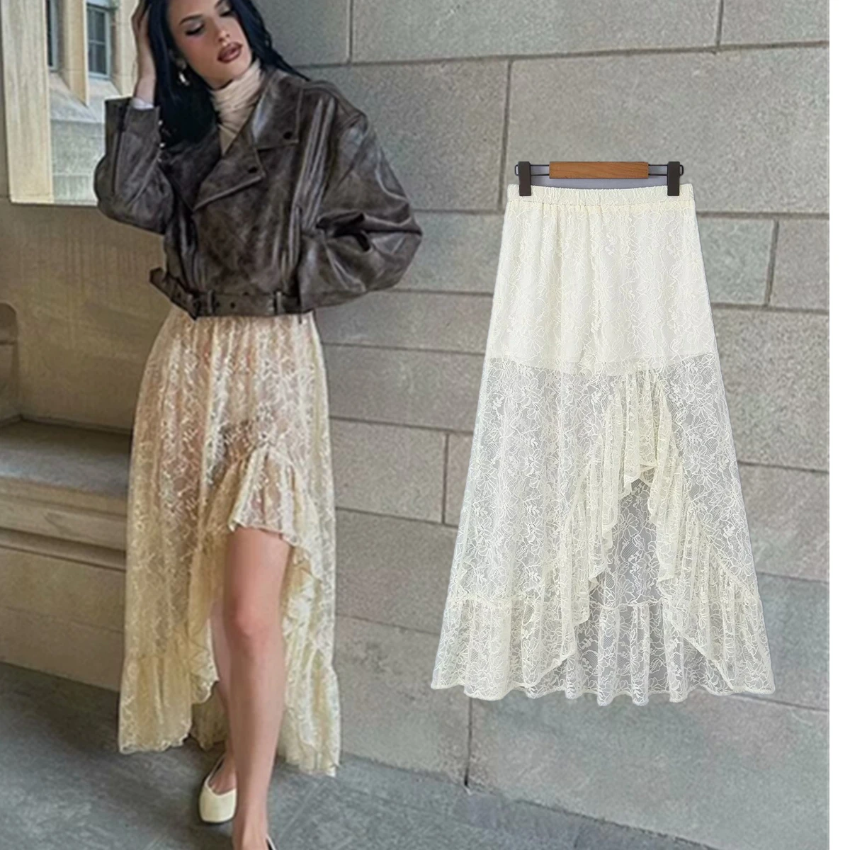 

Jenny&Dave Lace Asymmetric Sexy Summer Skirt Perspective Skirt Women