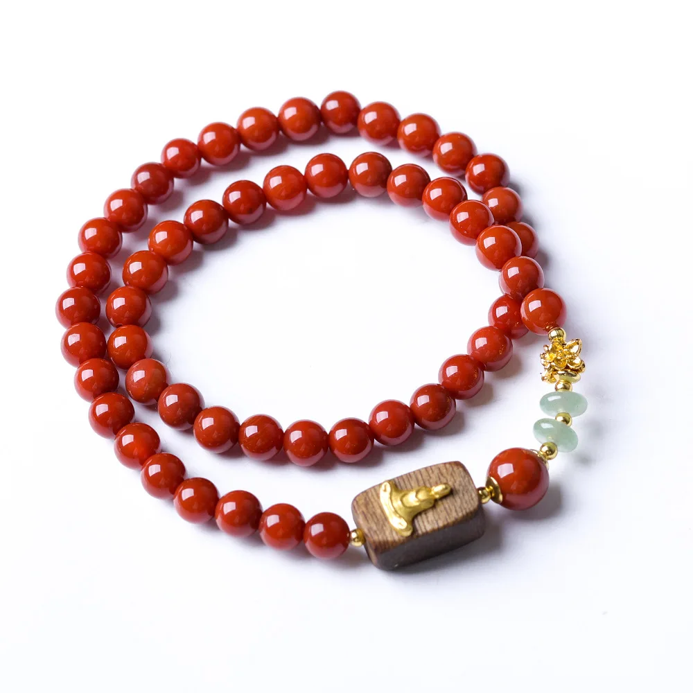 Original Design New Chinese Style Double Loop Nanhong Agate Bracelet with Green Agarwood Inlay & No-Form Buddha Charms