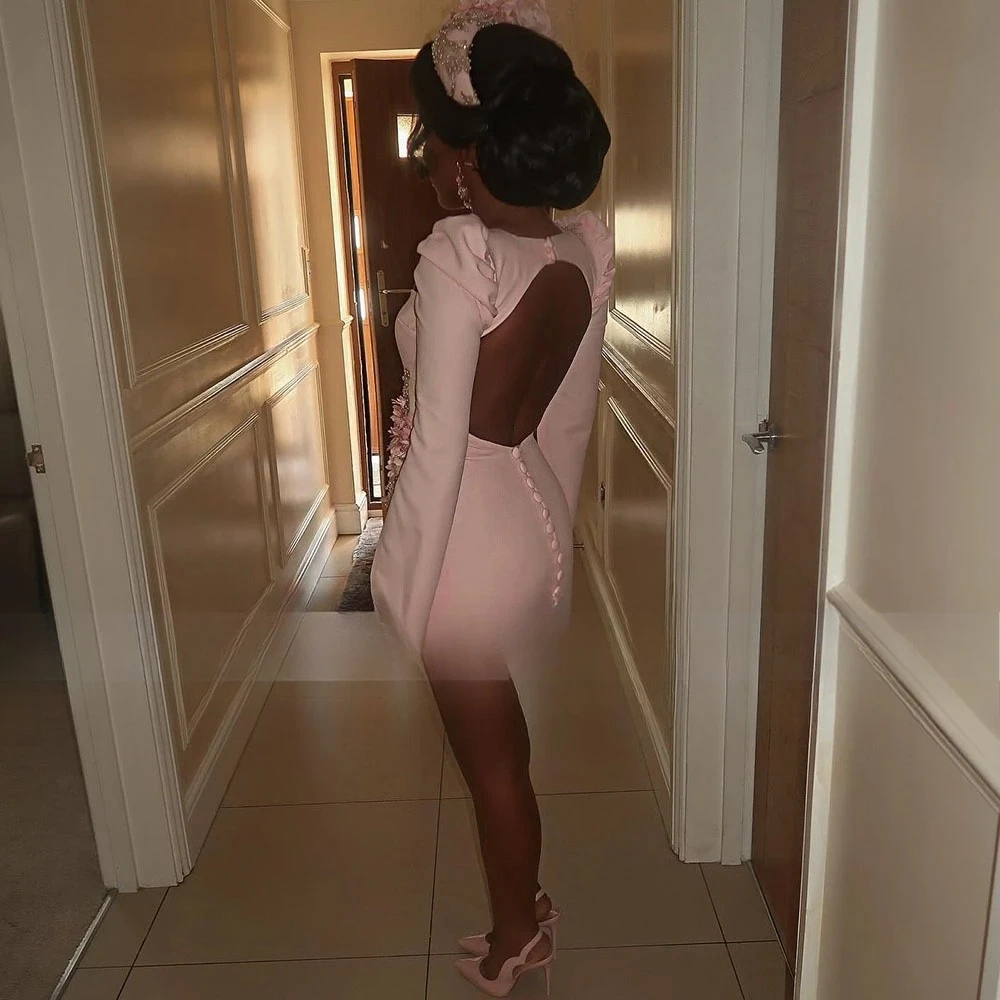 Pink Mini Short Cocktail Dress For Women Sheath Cocktail Gown Above Knee Length Appliques Sweetheart Long Sleeves Party Gown image 4