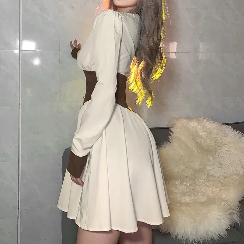 Medieval style renaissance dress 2024 New Fashion women long sleeve V neck short skirt spring summer fall white-apricot sexy