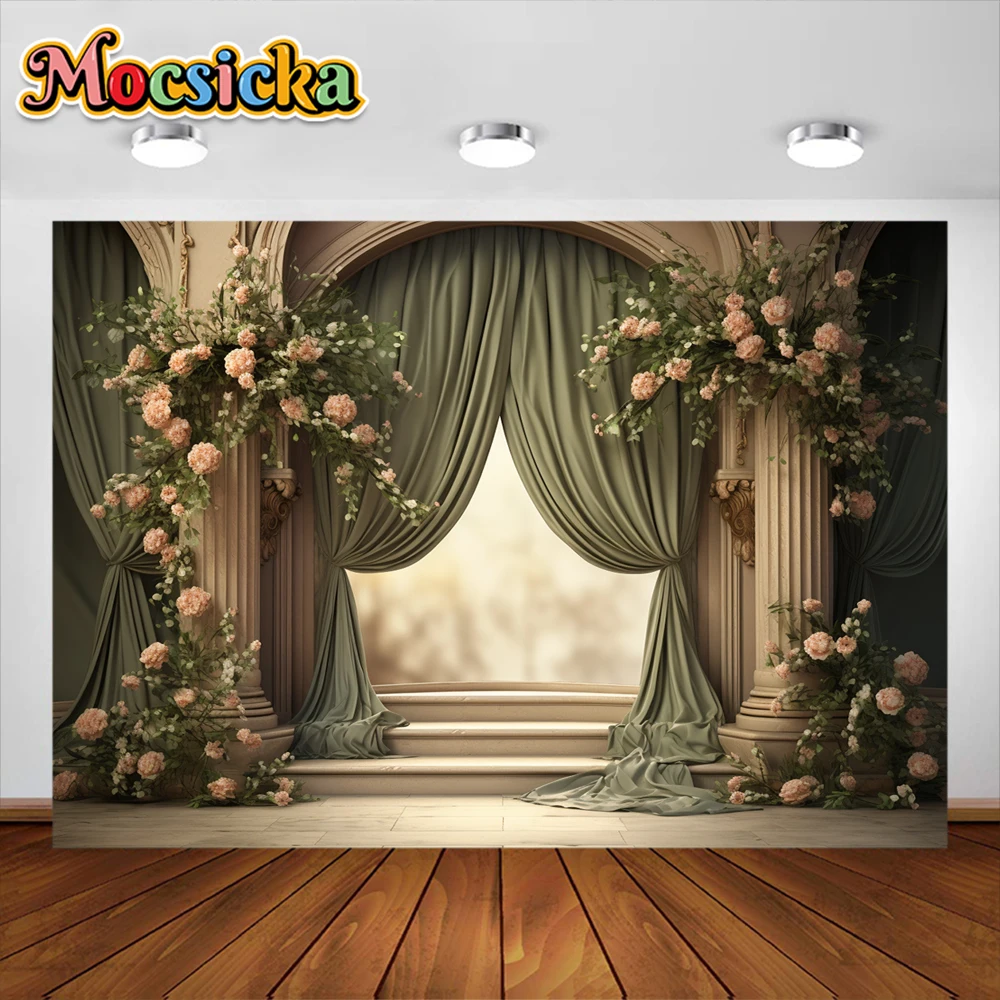 Mocsicka Neugeborenen Geburtstag Fotografie Hintergrund Blumen Bogen Tür Vorhang Party Dekoration Familien feier Fotostudio Banner
