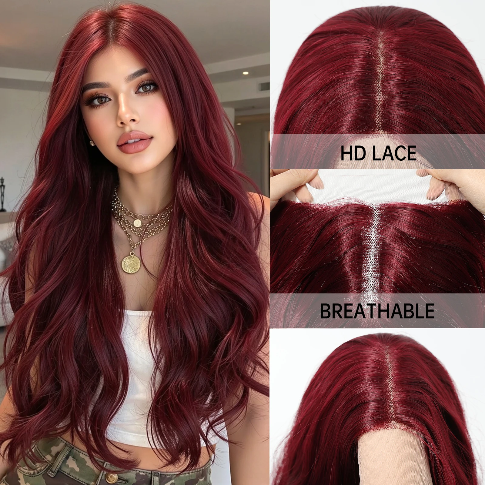 

Парик Topshe с прозрачным швейцарским кружевом 13x5x1, с Т-образной частью, предварительно проработанной линией роста волос, длинный волнистый, бордовый, без клея, HD-кружево