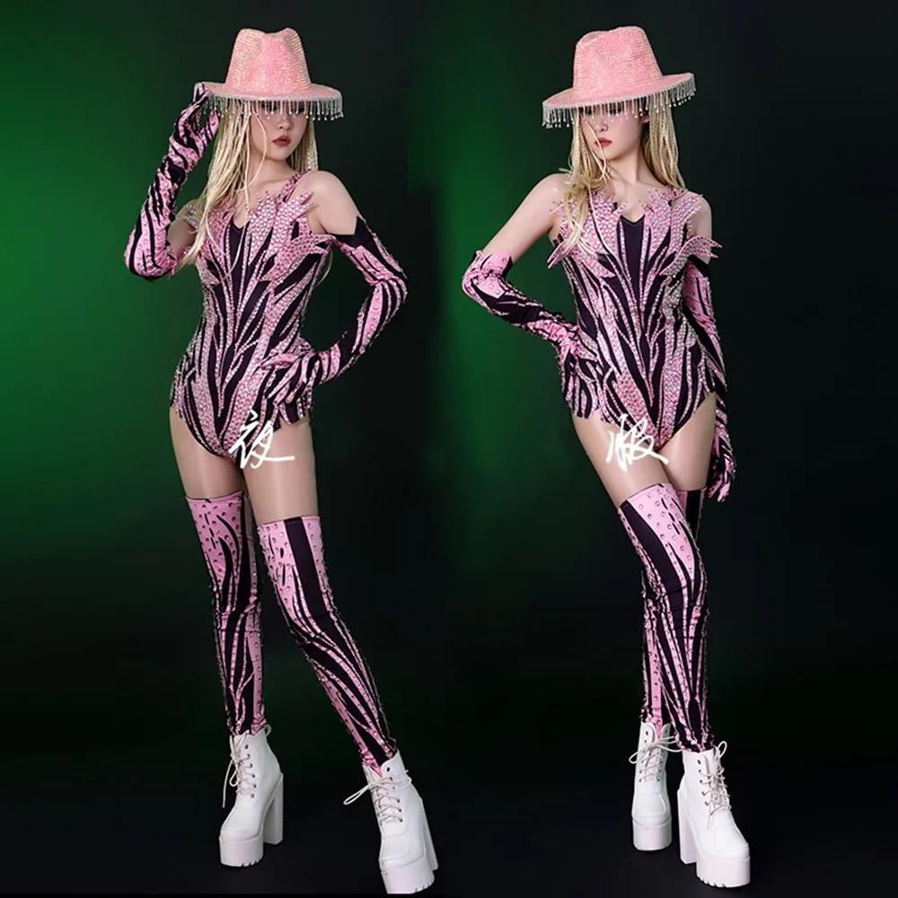 Body con purpurina rosa y rojo con diamantes de imitación, guantes, cubierta para piernas, traje de baile, Festival de Música, espectáculo de cantante, ropa de escenario, disfraz de Drag Queen