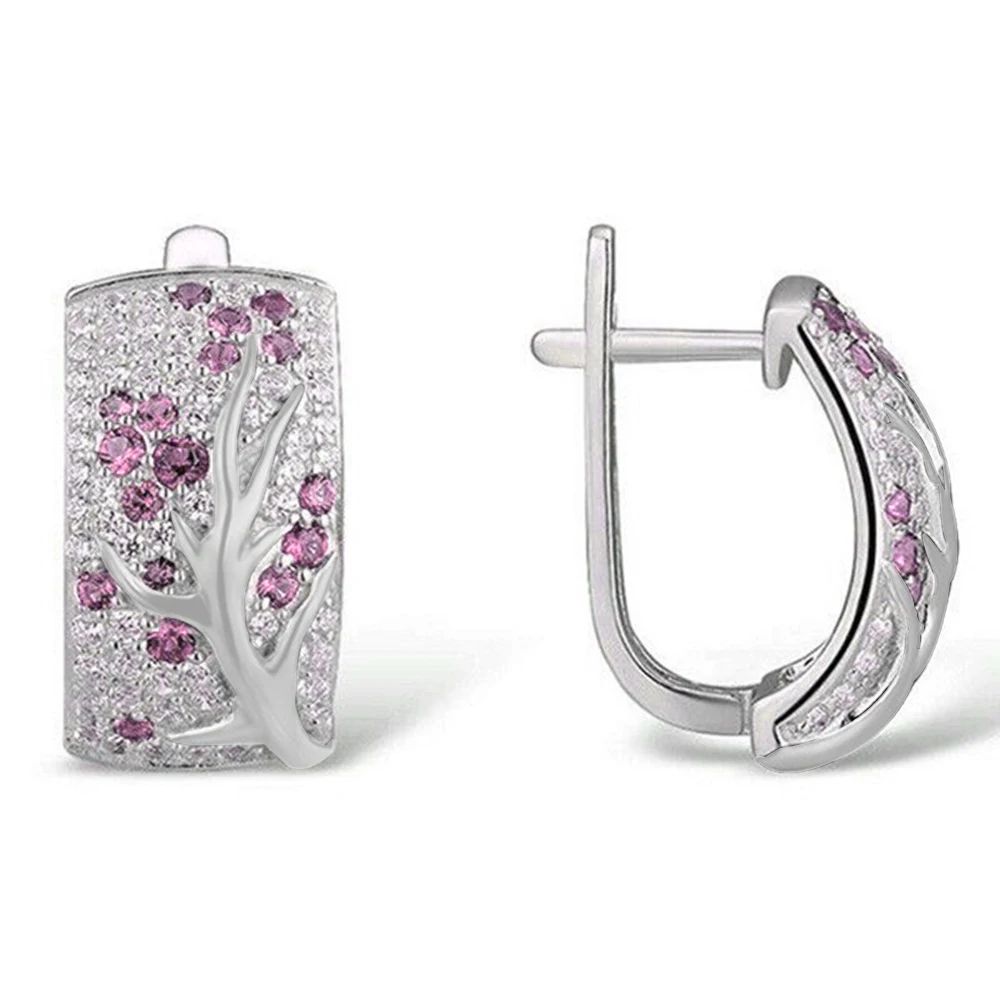 Colorful Cubic Zirconia Hoop Earrings For Women 925 Sterling Silver Plant Plum Flower Earrings For Women/Girls Fashion Jewelry