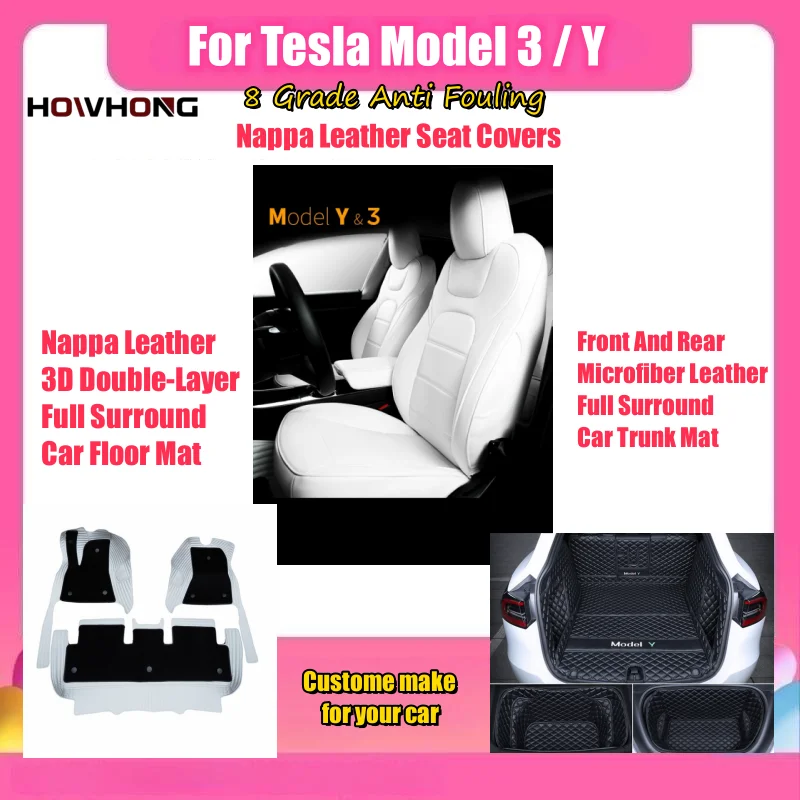 For Tesla Model 3 Y X S Seat Cover 8 Grade Anti Fouling Nappa Leather  Foot Mat Front & Rear Car Trunk Mat Interior Accessories