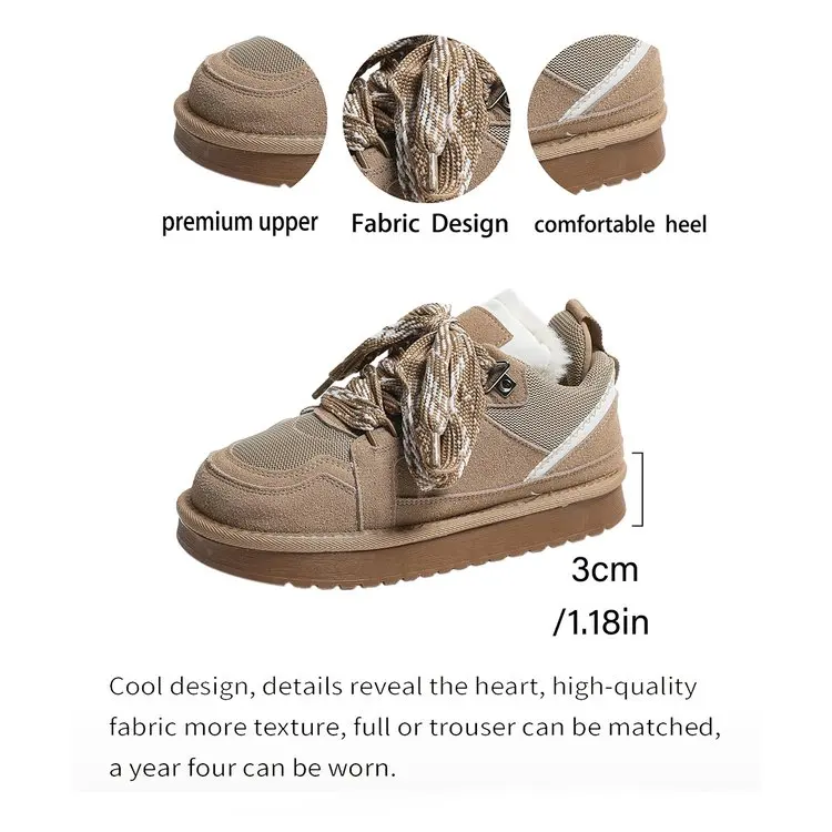 Damen Echt-Schaffell-Wollschneestiefel 2026 Neues Design Niedriger Schaft Dicke Sohle Schnürung Natürliches Fell Warme Baumwollschuhe Winter Herren Hausschuhe – Detail 6