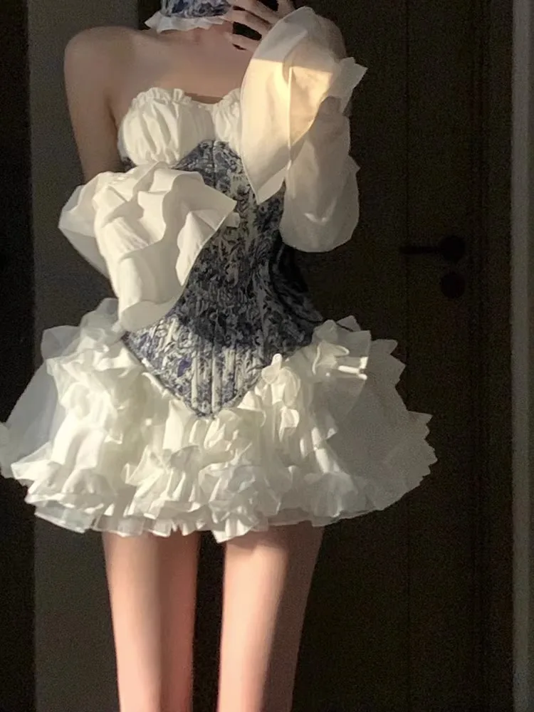 

Princ Sle Off-oulder White Evening Dr Courtly Faion Bridesmaid Gown Women's High Waist Puffy Skirt Long Sve