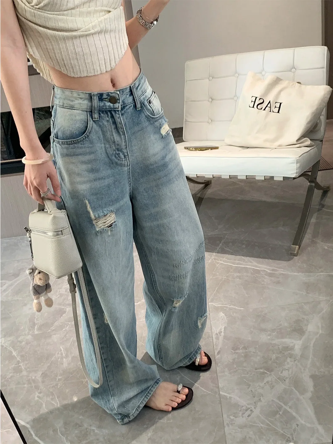 

plus Size American Style Women's Jeans High Waist Straight Leg Hole Washed Summer Slimming Denim Pants Casual Trousers