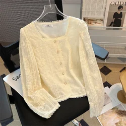 Square Necked Blouses For Women Shirt Embroidered Shirt Lace Hollow Summer Woman Clothes Shirts Elegant Cardigan Female Blous