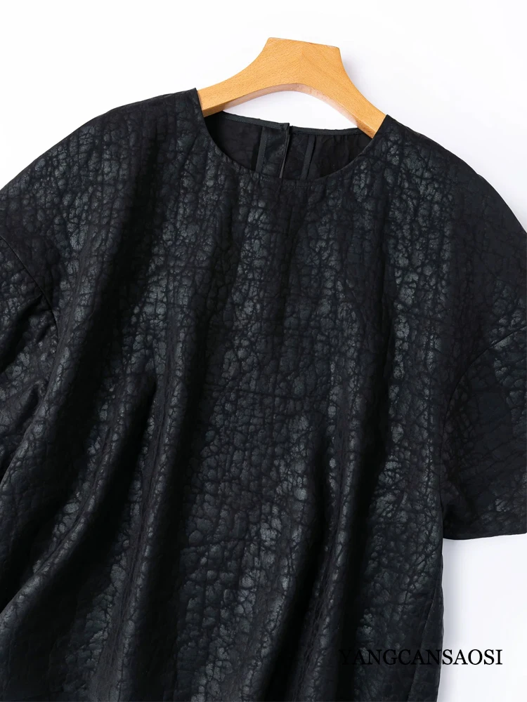 Premium Black 100% Natural Mulberry Silk Turtle Crack Fragrant Cloud Yarn Round Neck Lantern Sleeve Women's Fashionable T-shirt