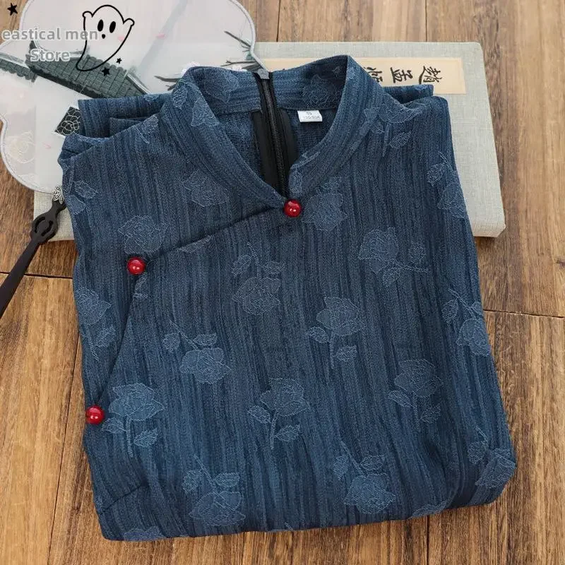 Lady Sexy Side Slit Lace Up Qipao Navy Blue Jacquard Flower Cheongsam Vintage Stand Collar Vestidos Gown New Chinese Style Dress view 3