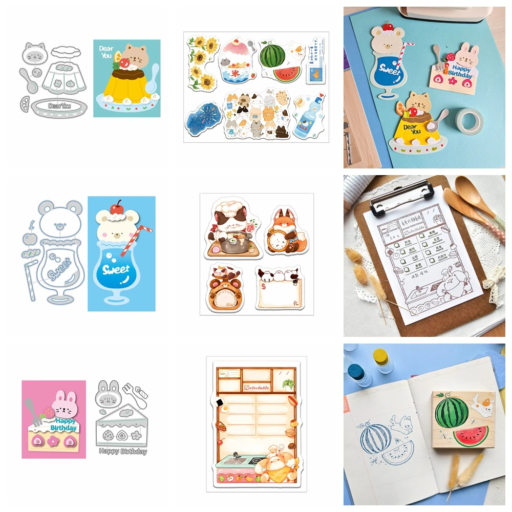Katze Kaninchen Bär Kuchen Pudding Trinken Metall Stanzformen Journal Hinweis Sommer Siegel für DIY Scrapbooking Papier Album Karte Basteln