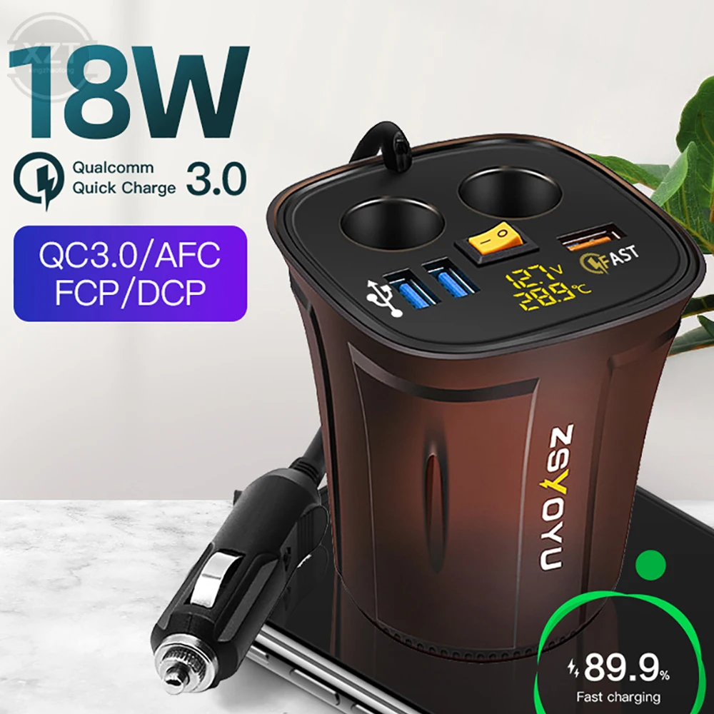 Rápido qc3.0 usb suporte de copo adaptador carregador carro isqueiro voltímetro 12v soquete display temperatura interruptor alimentação à prova dwaterproof água