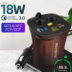 Fast QC3.0 USB Cup Holder Car Charger Adapter Cigarette Lighter Voltmeter 12V Socket Display Temperature Waterproof Power Switch