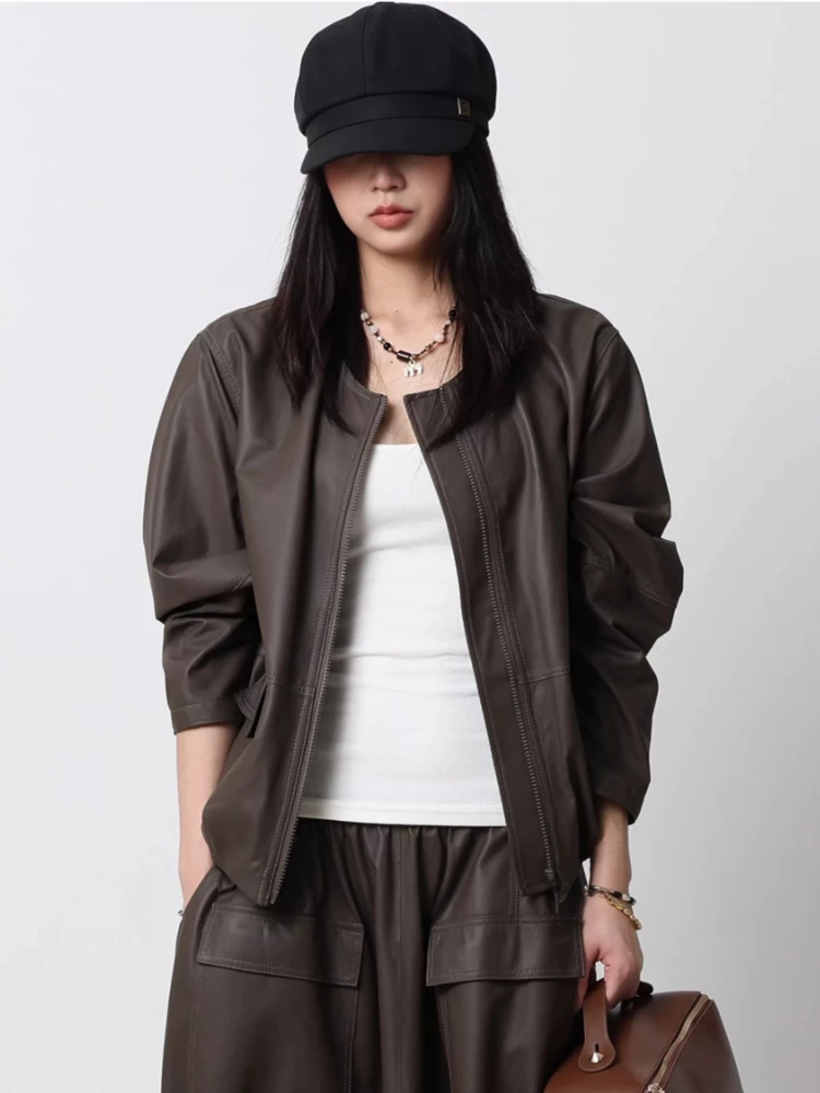 

O-neck Casual Genuine Leather Jacket for Women Spring Autumn 2026 New High-end Simple Loose Solid Soft Short Real Sheepskin Coat