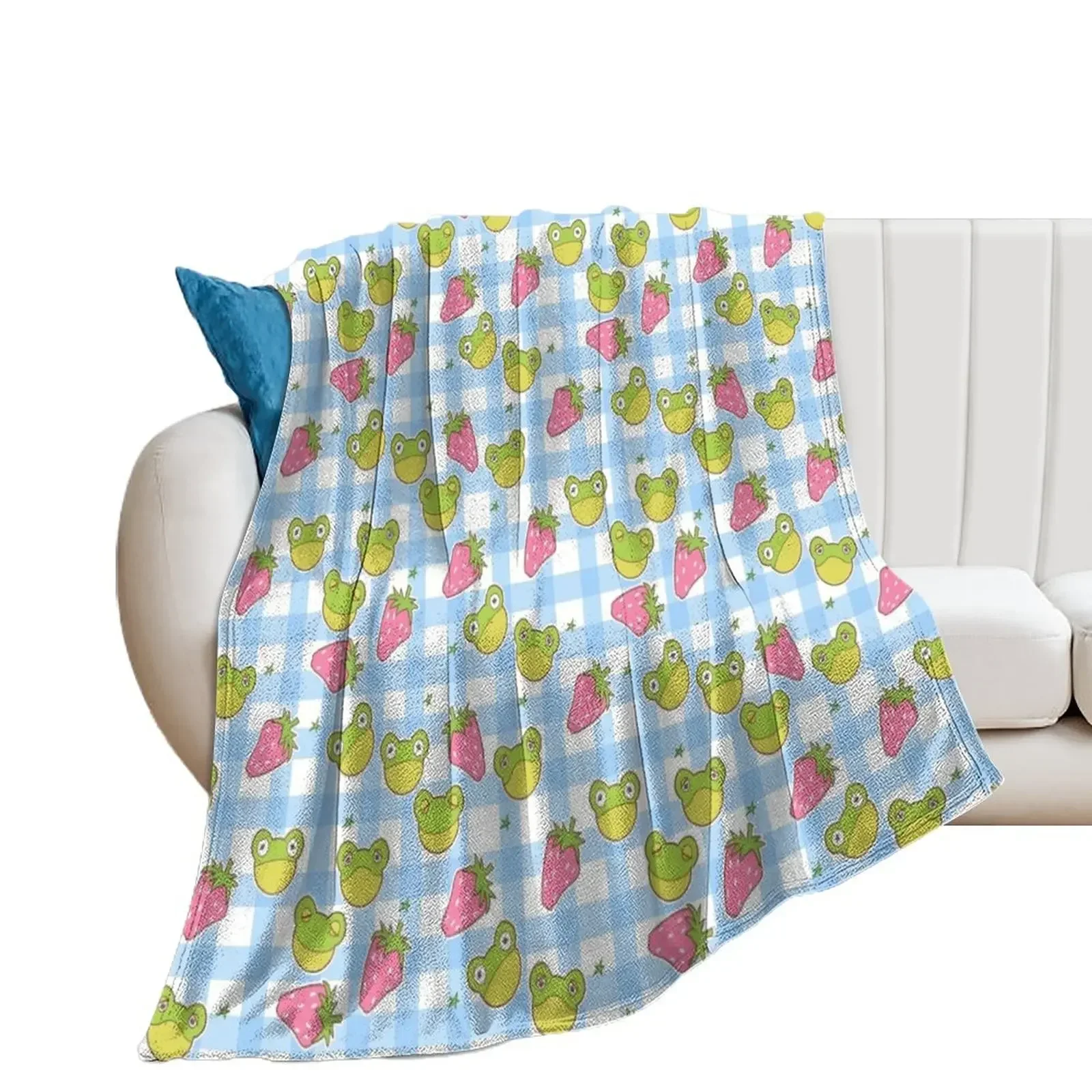 

Cottagecore Froggies on Blue Gingham Throw Blanket Decorative Beds Soft Big Blankets