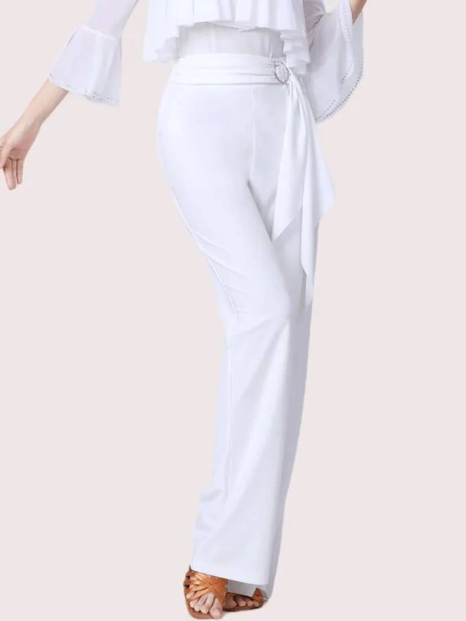 กางเกงเต้นรําบานเอวสูงสีทึบพร้อมสายรัดเอว – กางเกงการแสดงห้องบอลรูมสมัยใหม่ของผู้หญิง