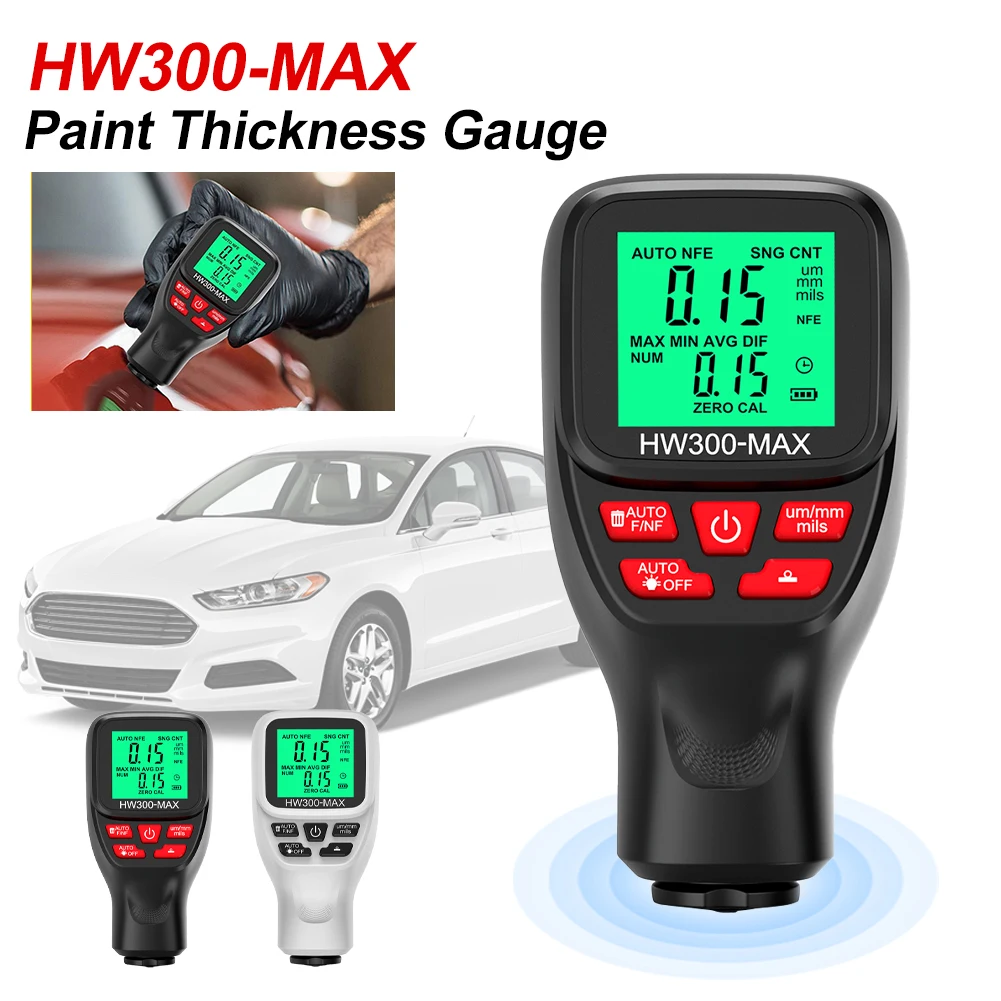 

HW300-MAX Car Coating Thickness Gauge 0-2000UM Paint Film Gauge Paint Powder Coating Thickness Gauge Fe & NFe Dry Film Thickness