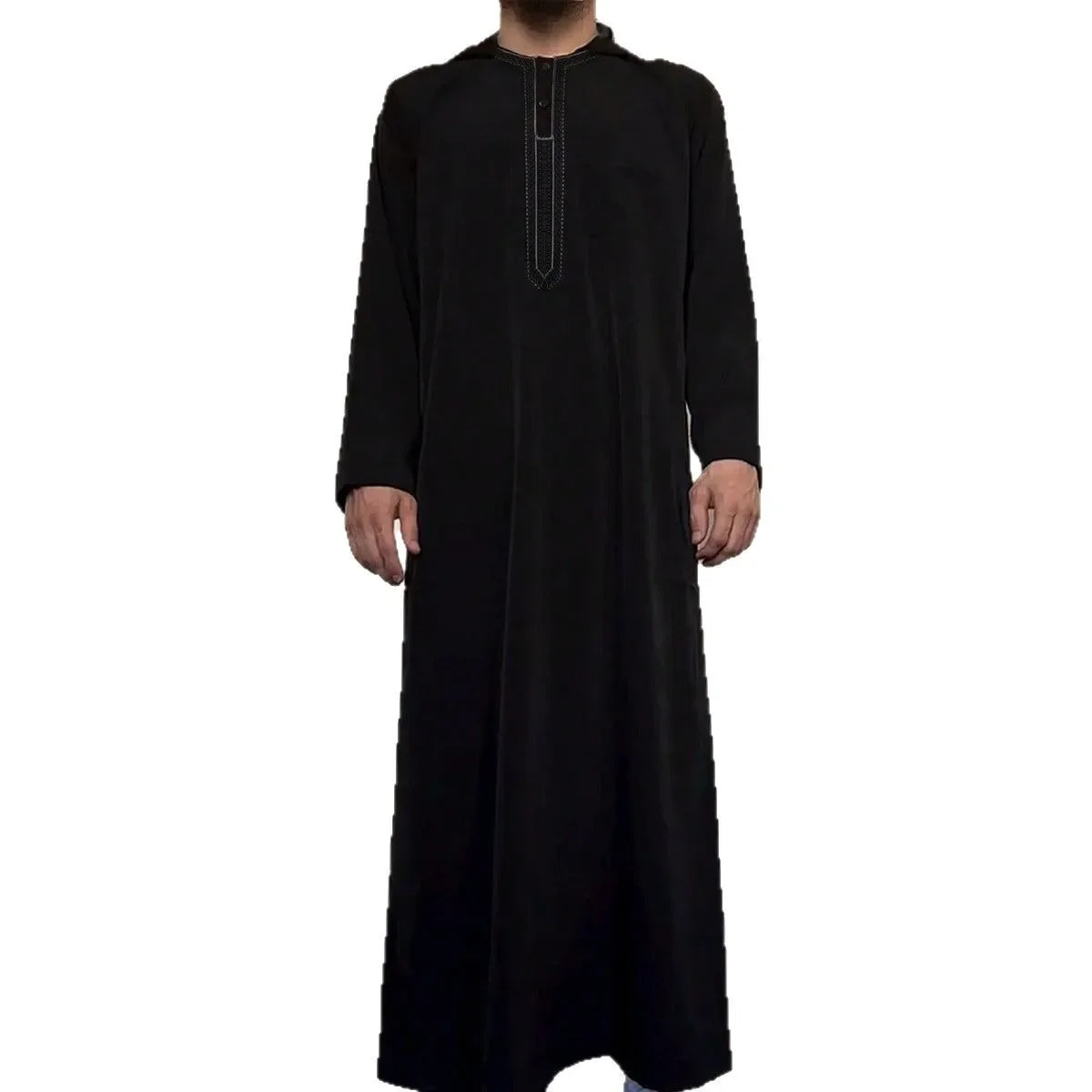 Mężczyźni z kapturem Solid Jubba Thobe Muslim Fashion Abaya Dubai Long Robe Modest Gown Loose Embroidery 2025 New Spring Spliced Casual
