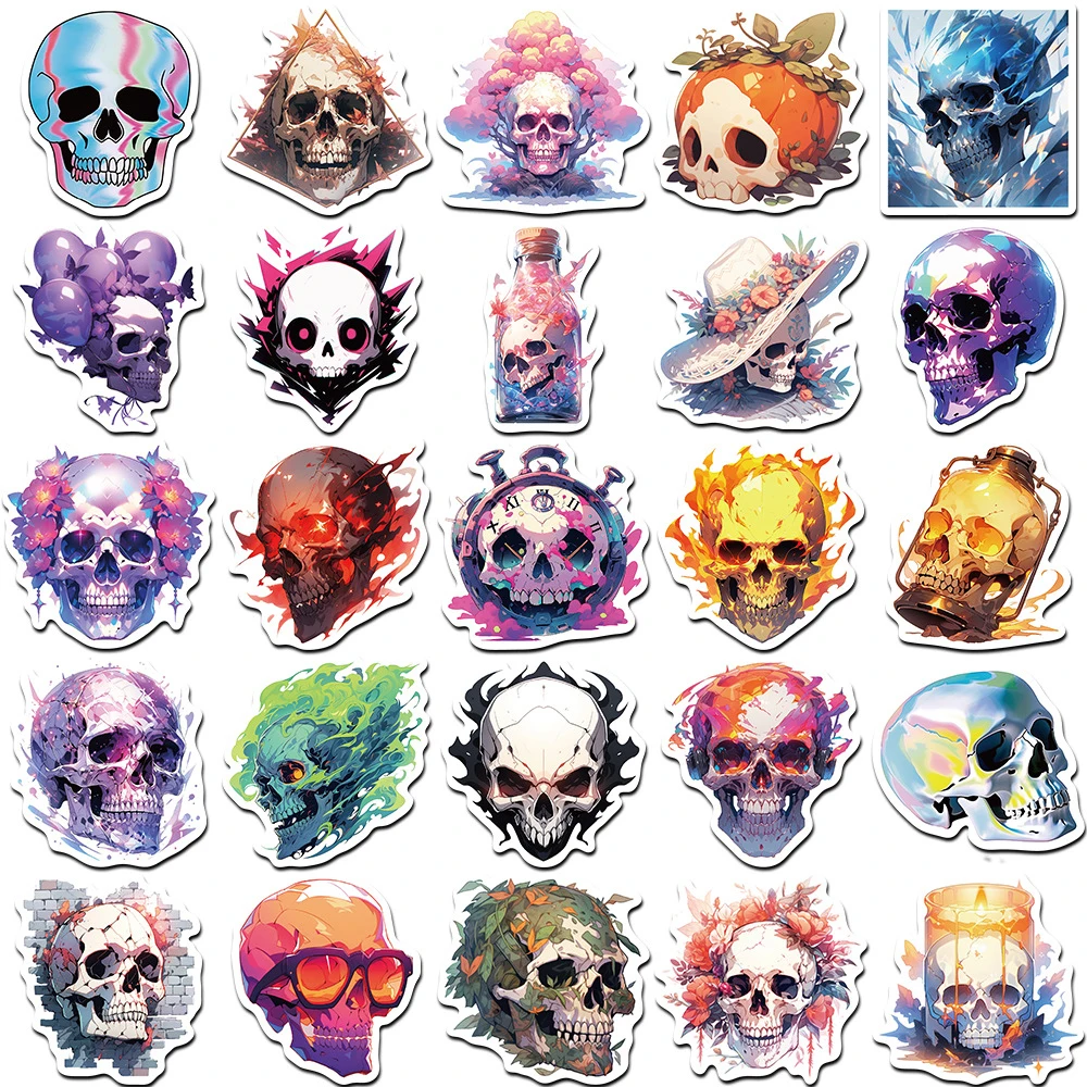 Halloween Horror Laser Skull com adesivos legais, Decalques estéticos dos desenhos animados, Skate, Laptop, Carro, Adesivo impermeável, 10 pcs, 30 pcs, 50pcs