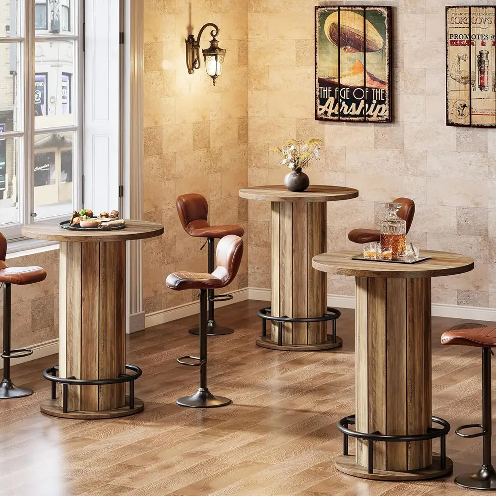 طاولة بيسترو خشبية عالية 39.4 مع قاعدة حلقية معدنية، مناسبة للحانة أو الطعام أو غرفة المعيشة، بني #5
