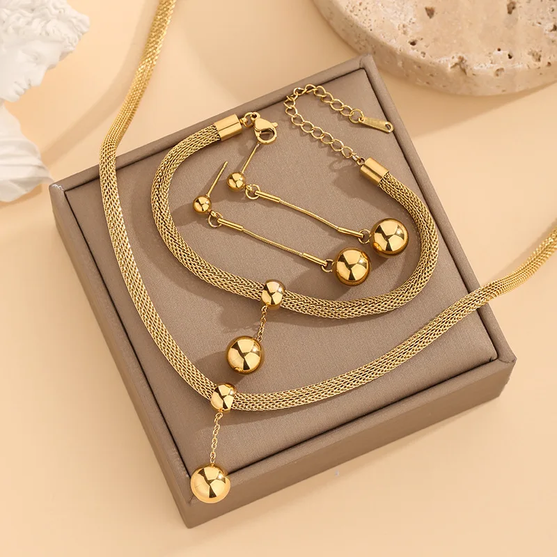 

2 Pcs Exquisite Round Beads Geometric Fashion Simple Design Titanium Steel Gold Color Women Earrings Charms Party Dating