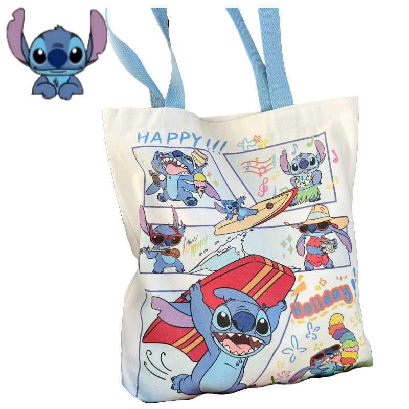 Disney Stitch Canvas Bag Cute Cartoon Interstellar Baby Student Shoulder Bag Handbag Large Capacity Multi functional Storage Bag