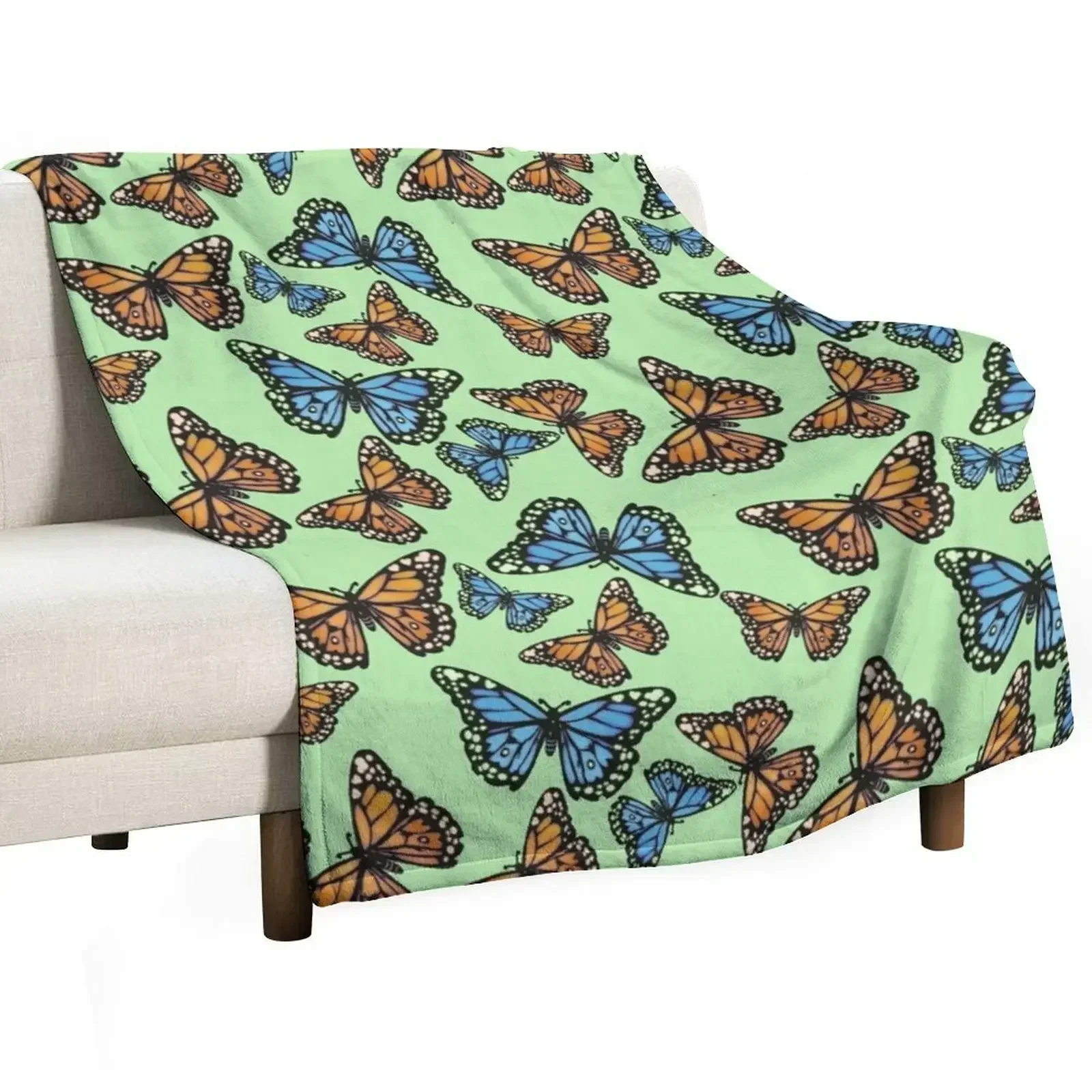 

Blue and Orange Monarchs on Pastel Green Throw Blanket Warm Tourist Sofa Throw Blankets Sofas Of Decoration Blankets