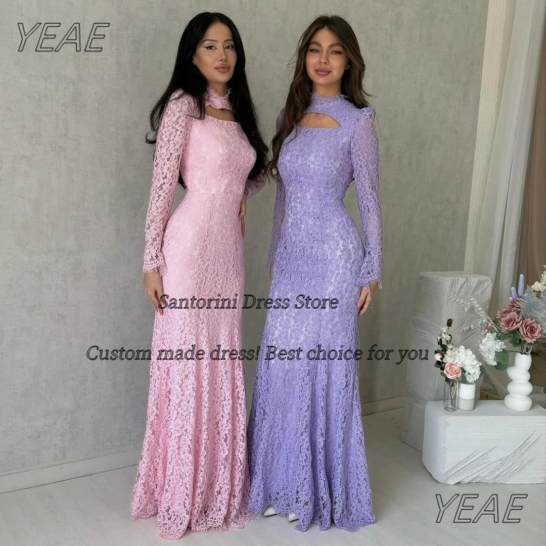 فساتين دانتيل مخصصة من Santorini للحفلات الراقصة ذات الياقة العالية وأكمام طويلة لضيوف الزفاف والمناسبات الخاصة #2