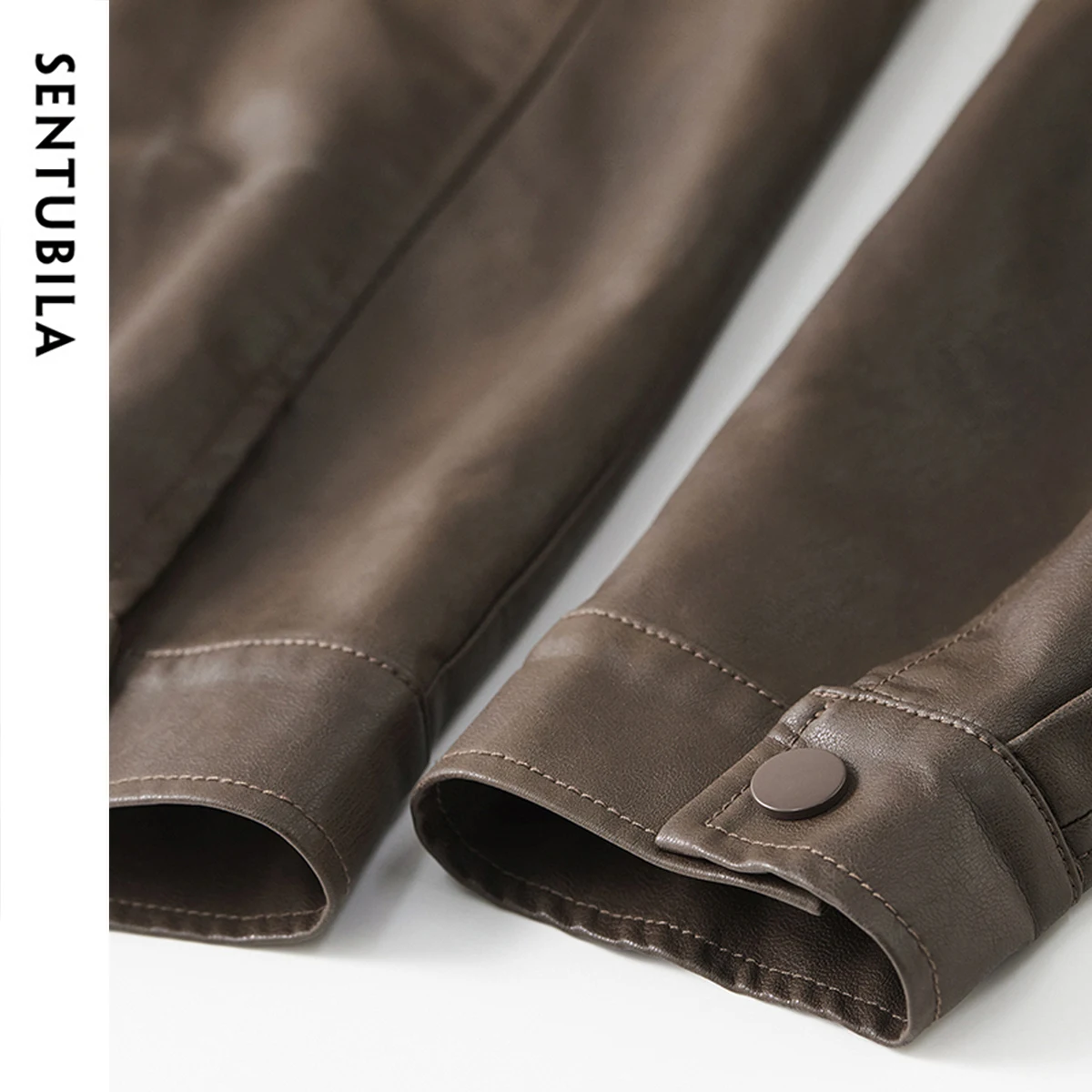 SENTUBILA Woman Leather Jacket 2025 Retro Commute Coffee Colour Turn Down Collar Zippers Windproof Motorcycle Pu Coats W51G73596