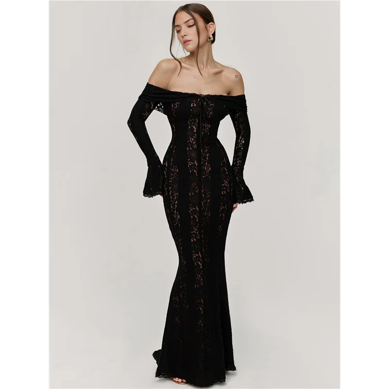 ชุดเดรสยาวทรงเข้ารูปสำหรับผู้หญิง ดีไซน์เปิดไหล่ แต่งลูกไม้ แขนทรงกระดิ่ง ผ้าตาข่ายซีทรู ทรงเมอร์เมด เหมาะสำหรับงานแต่งงานและงานปาร์ตี้