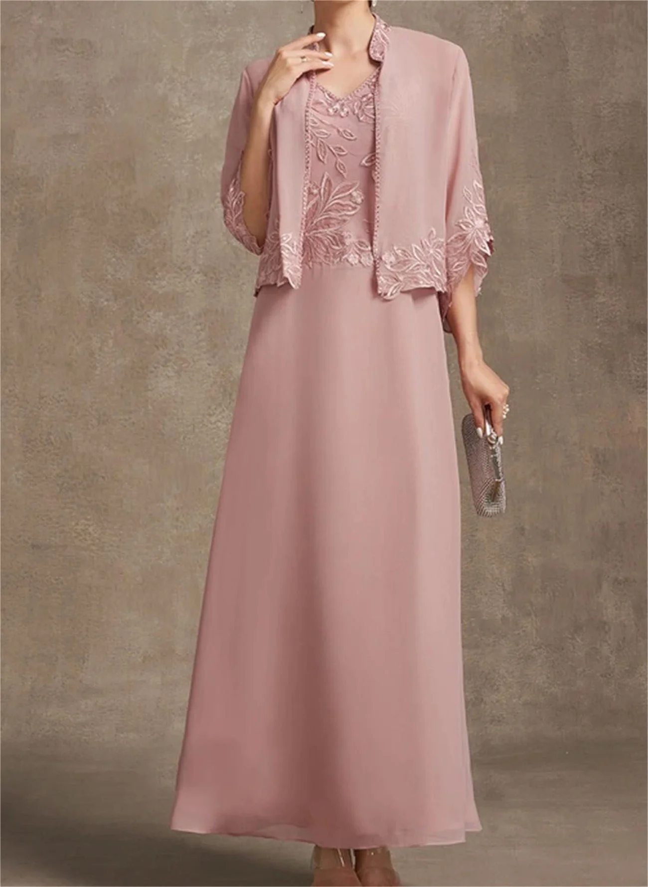 Braut Mutter Kleid V-Ausschnitt ärmellose Blatt Spitze Chiffon rosa Abend Duo Set von eleganten Langarm Jacke maßge schneiderte Kleider 2024