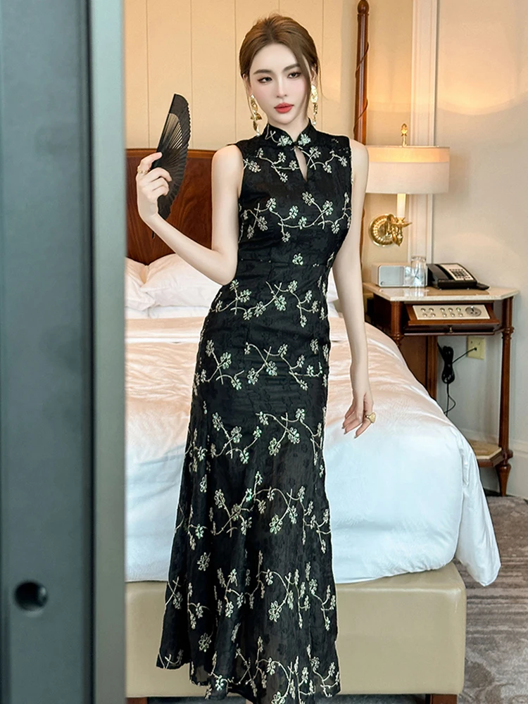 Elegant Vintage Qipao Dress Women Clothes Celebrity Embroidered Sequin Backless Long Fishtail Robe Party Vestidos Cheongsam Lady