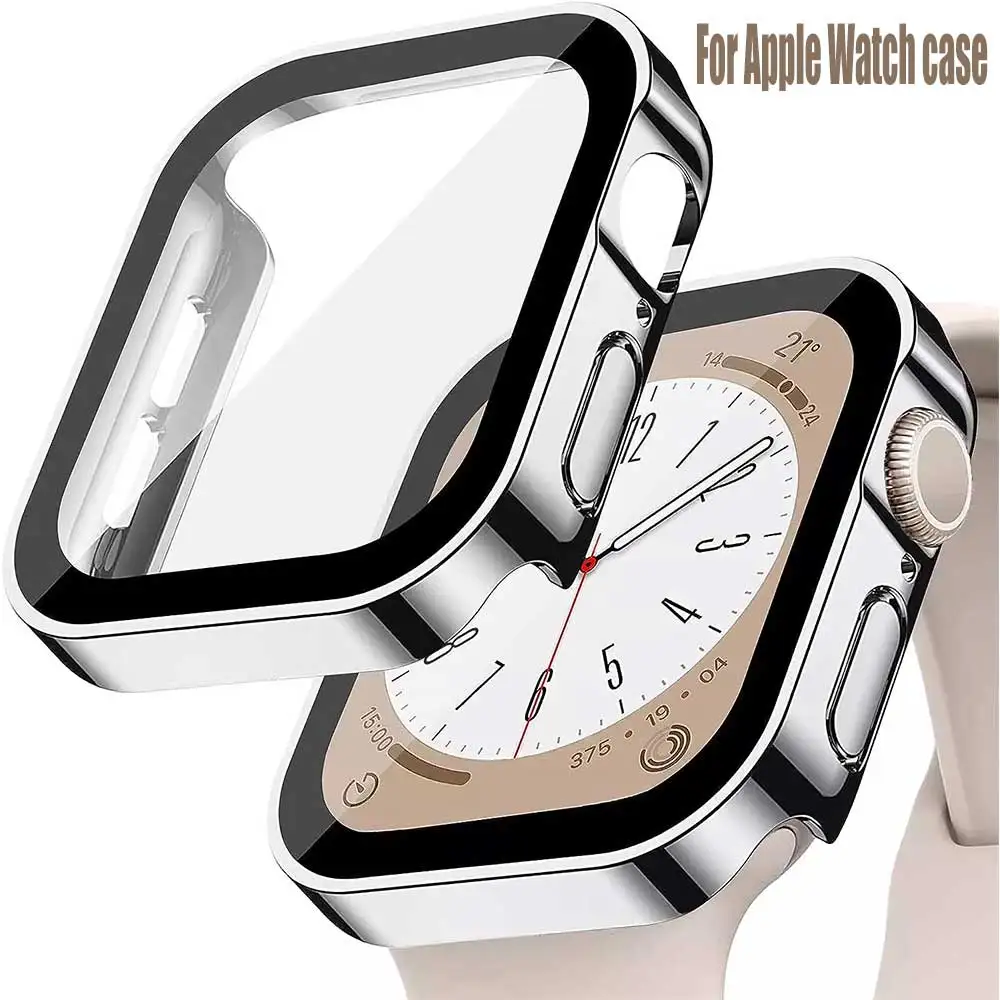 Glass+cover For Apple Watch case series 9 8 7 6 5 4 se 44mm 40m 41mm 45mm Straight Edge Screen Protector apple watch accessories