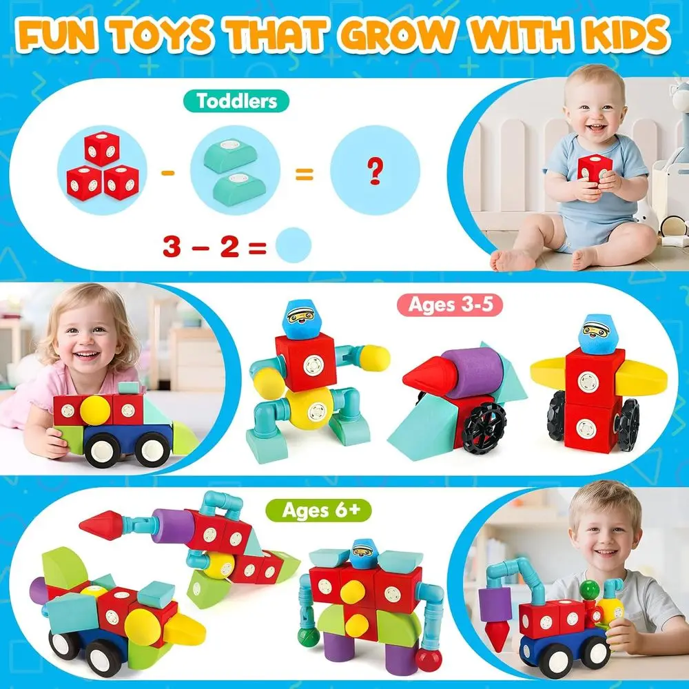 ชุดบล็อกโฟมแม่เหล็กสำหรับเด็ก ของเล่นต่อขนาดใหญ่สำหรับเด็กวัย 3 ปีขึ้นไป เสริมสร้างทักษะ STEM และความสนุกในห้องน้ำสำหรับเด็กอายุ 3-6 ปี