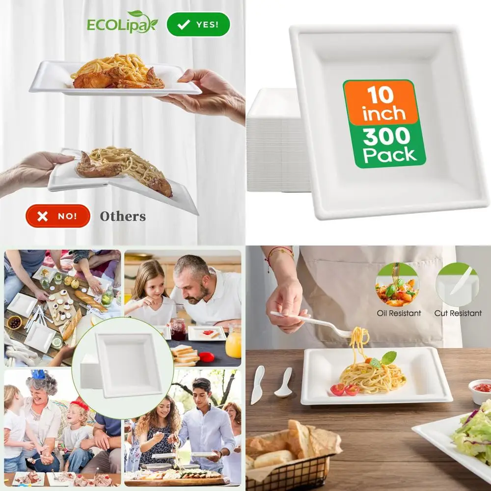 

10 Inch Square Biodegradable Paper Plates, 300 Pack Eco-Friendly Sugarcane Plates for Parties and Dinners