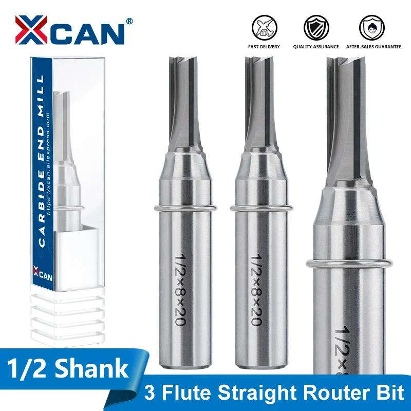 XCAN Milling Cutter 3 Flute Carbide End Mill Slot Cutter for MDF Plywood Chipboard Woodworking 1/2 Shank TCT Straight Router Bit