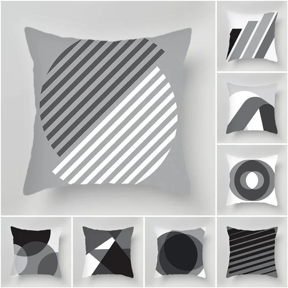 

Ins Black White Grey Geometric Pattern Printed Soft Square Pillowslip Polyester Cushion Cover Pillowcase Living Room Home Decor