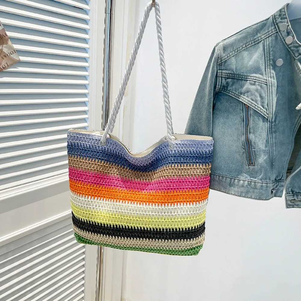 

Casual Beach Handbag Strip Weave Bag Bohemian Style Large Capacity Rainbow Beach Bag Lazy Style Hollow Tote Bag Holiday